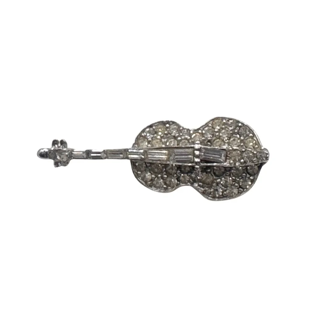 Pell Vintage Silver Tone Rhinestone Violin Musical Instrument‎ Brooch Pin